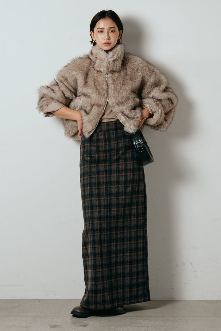 [SET]エコファーショート丈ブルゾン+シャギーチェックストレートスカート(2set)