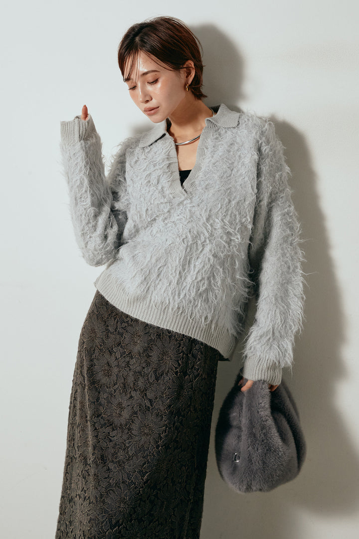 [SET]襟付きシャギーニットポロトップス+花柄刺繍ベロアフレアスカート(2set)