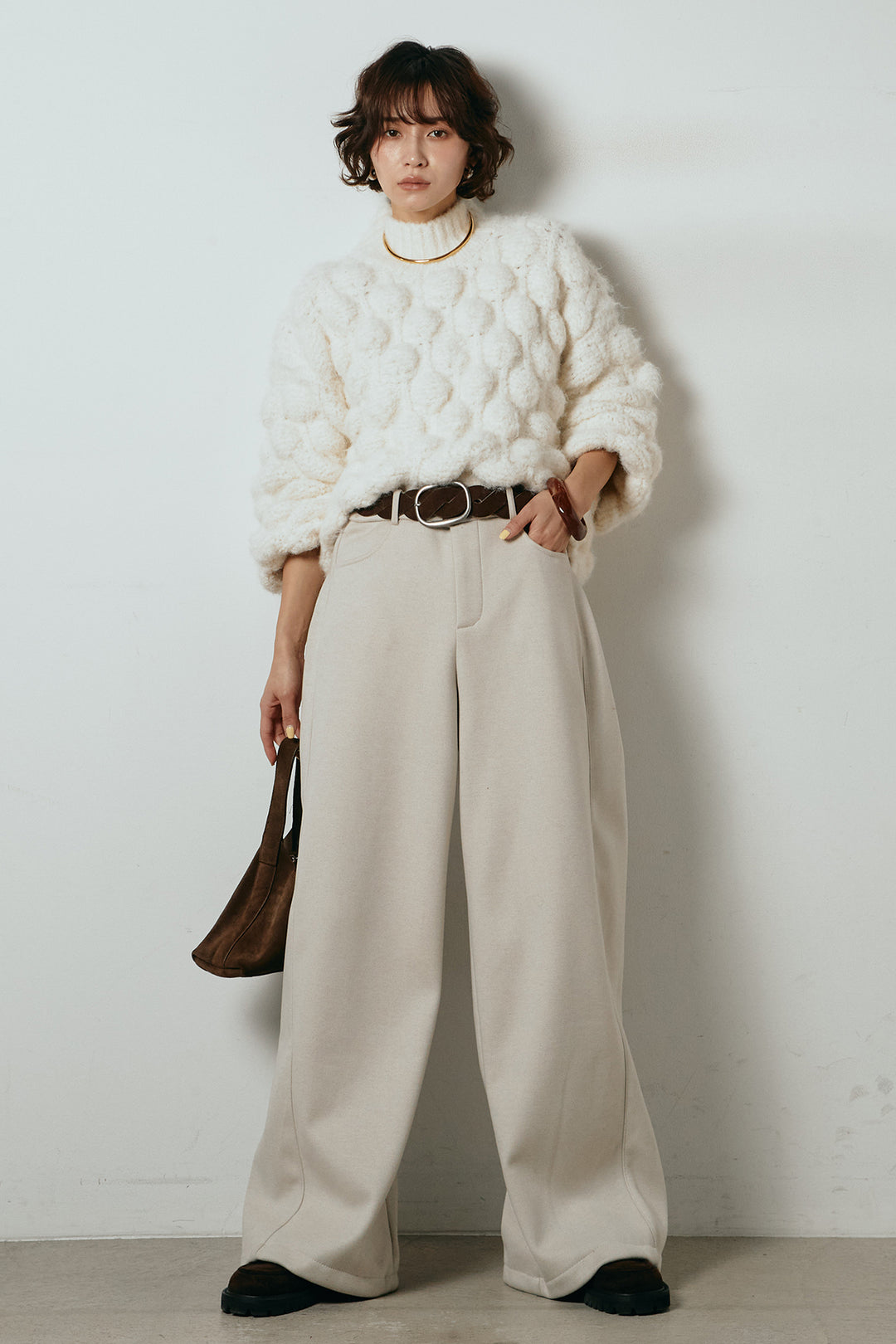 [SET]ボリュームポップコーンニットトップス+編みベルト付きワイドパンツ(2set)