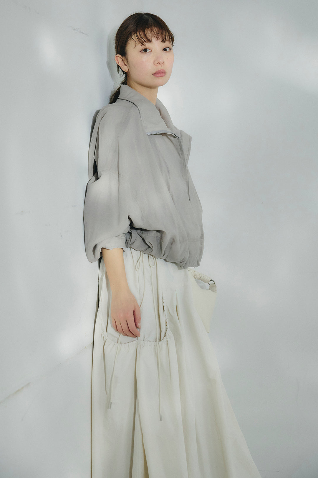 [SET]スタンドネックシアーブルゾン+ナイロンデザインフレアスカート(2set)