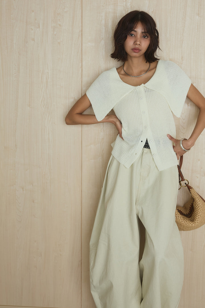 [SET]ビッグカラーボタンニットトップス+ベルト付きカラーデニムパンツ(2set)