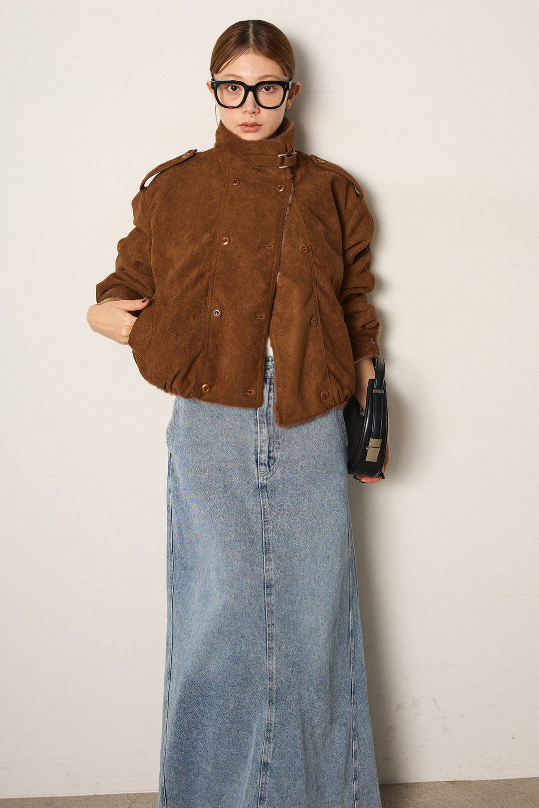 [SET]スタンド襟スウェードライクアウター+デニムロングフレアスカート(2set)