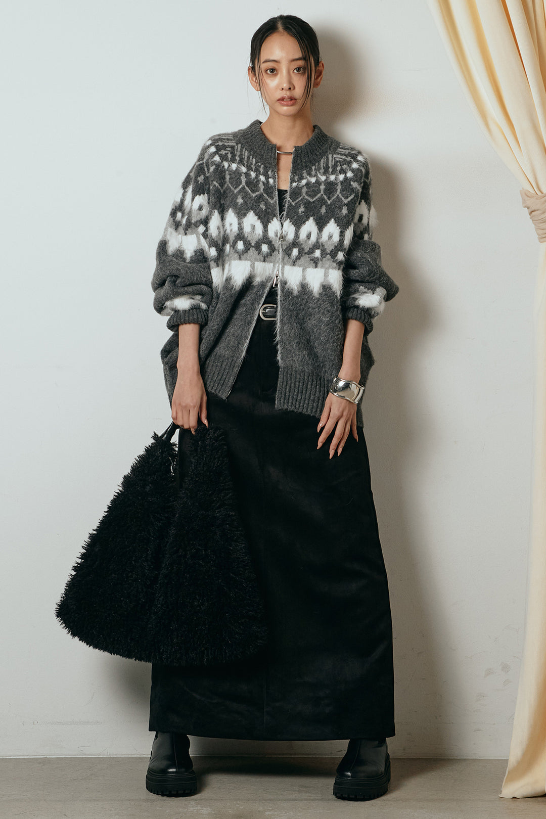 [SET]起毛ダブルジップパターンニットカーディガン+エコスウェードワイドスカート(2set)