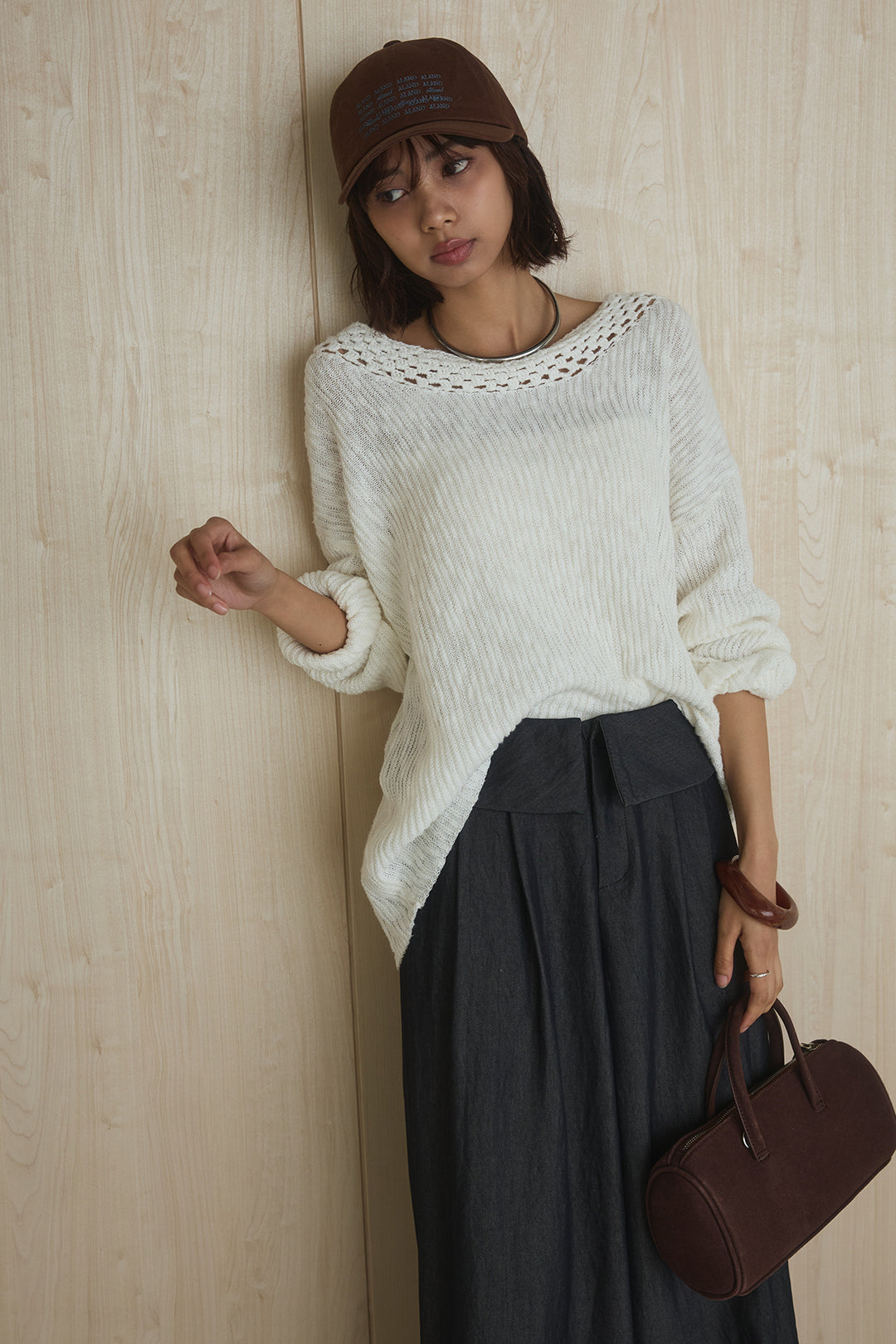 [SET]ネック編みデザインニットトップス+ウエスト折り返しワイドパンツ(2set)