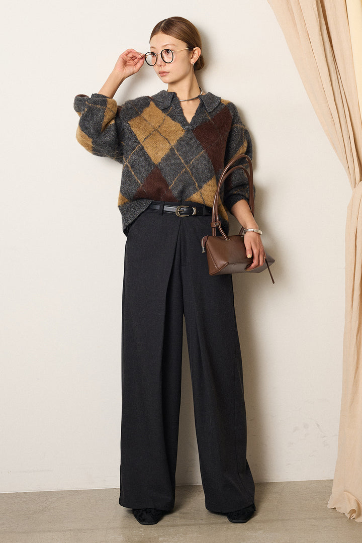 [SET]アクリルモヘアアーガイルキーネックプルオーバー+フロントワイドタックネップ入ワイドパンツ(2set)