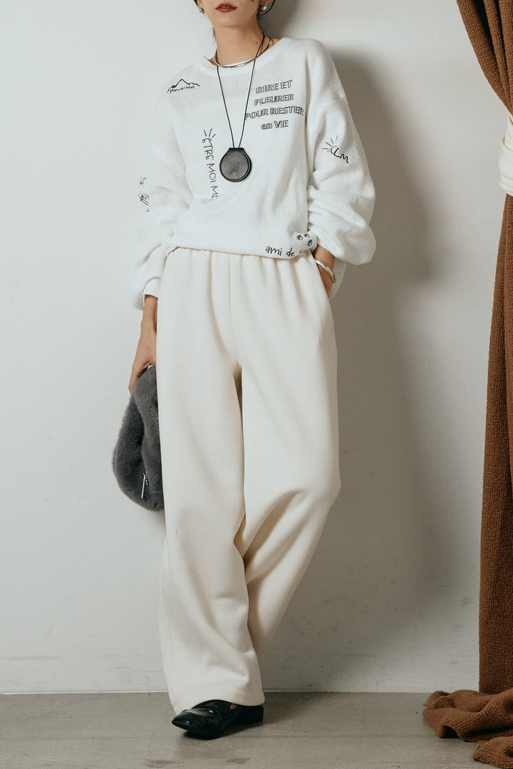 [SET]刺繍ロゴランダムデザインニットトップス+裏起毛スウェットワイドパンツ(2set)