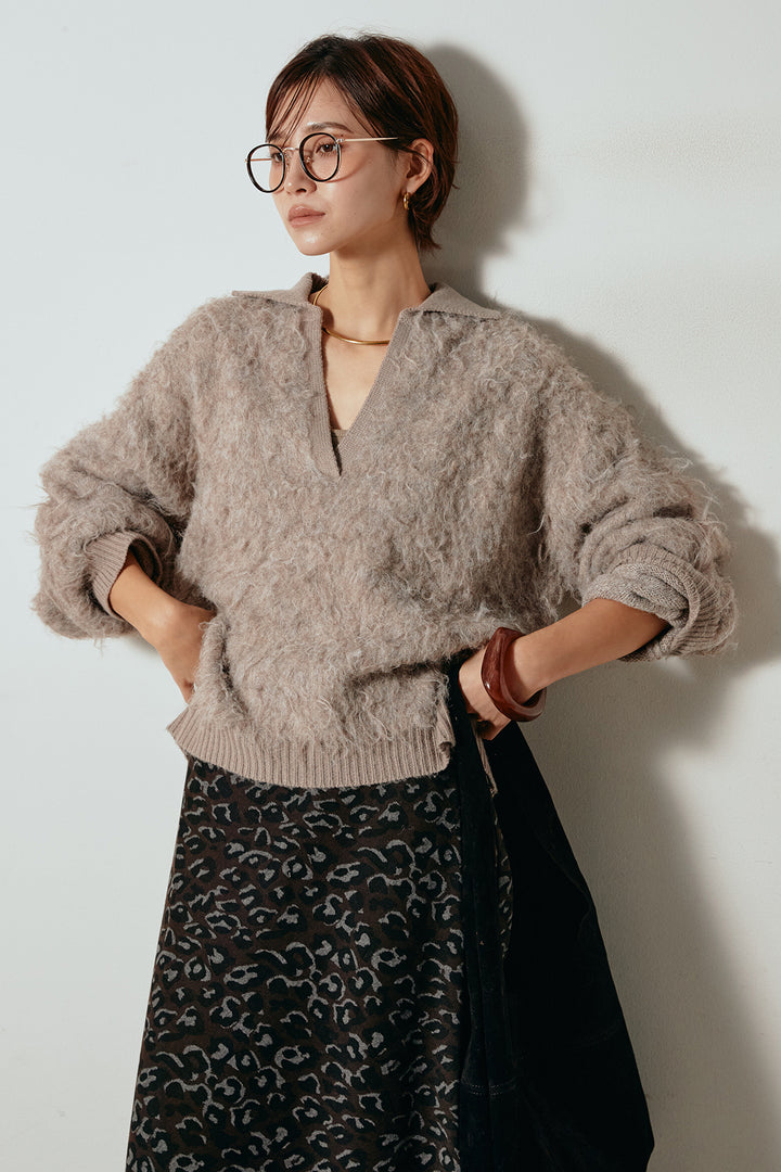 [SET]襟付きシャギーニットポロトップス+レオパードロングスカート(2set)