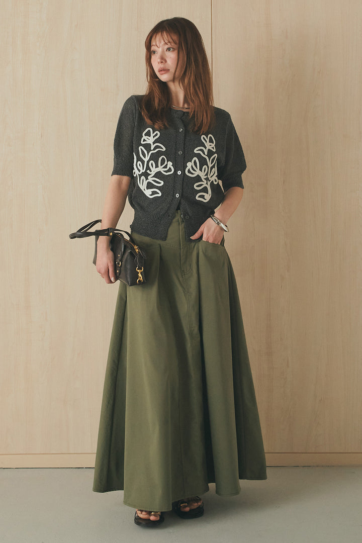 [SET]フロントテープデザイン半袖カーディガン+ミリタリーツイルタックフレアスカート(2set)