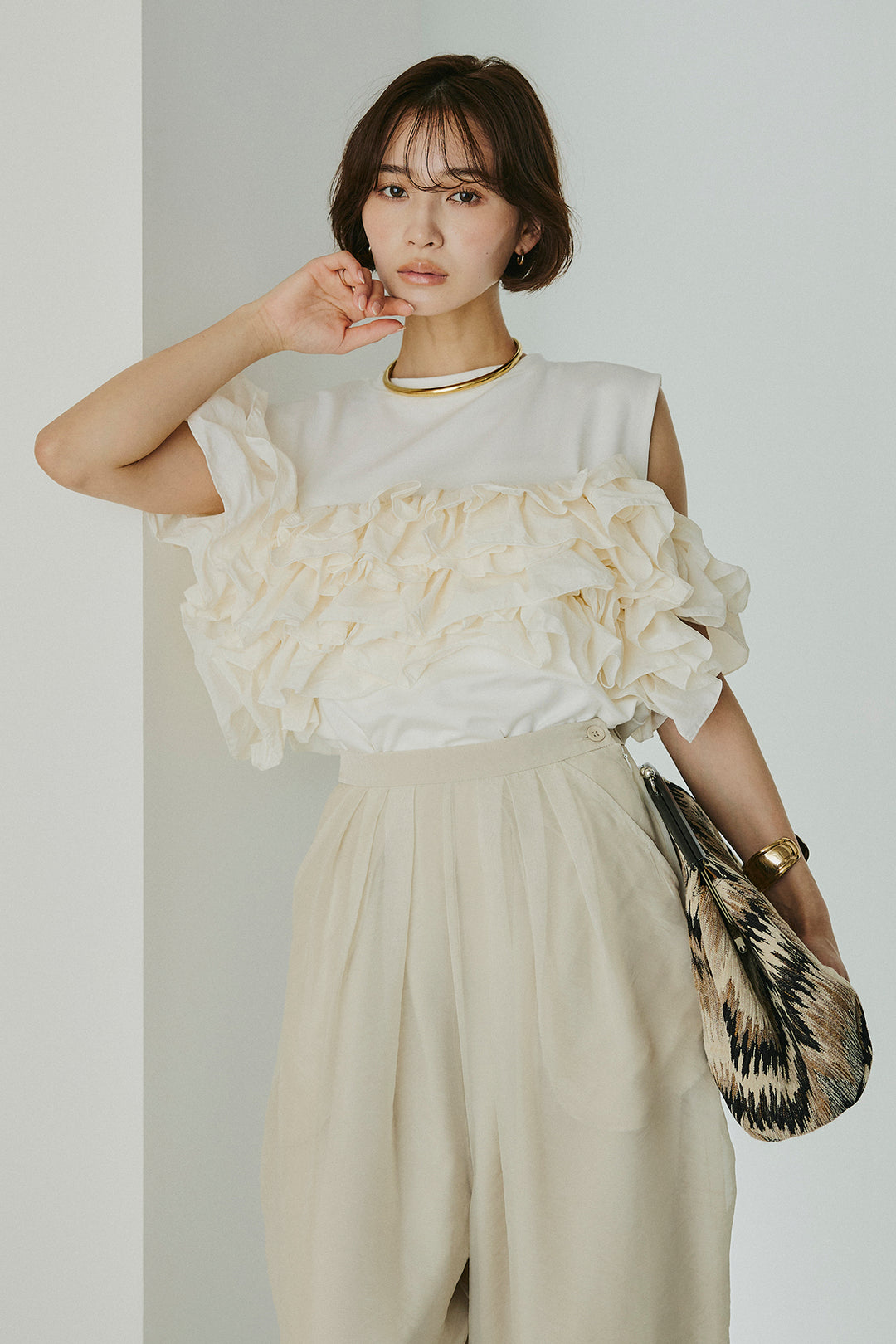 [SET]天竺ナイロンドッキングビスチェ風トップス+オーガンジータックパンツ(2set)