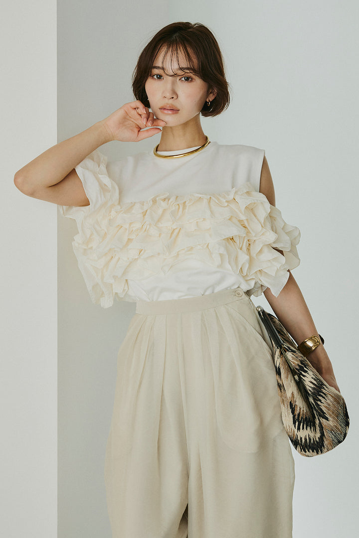 [SET]天竺ナイロンドッキングビスチェ風トップス+オーガンジータックパンツ(2set)