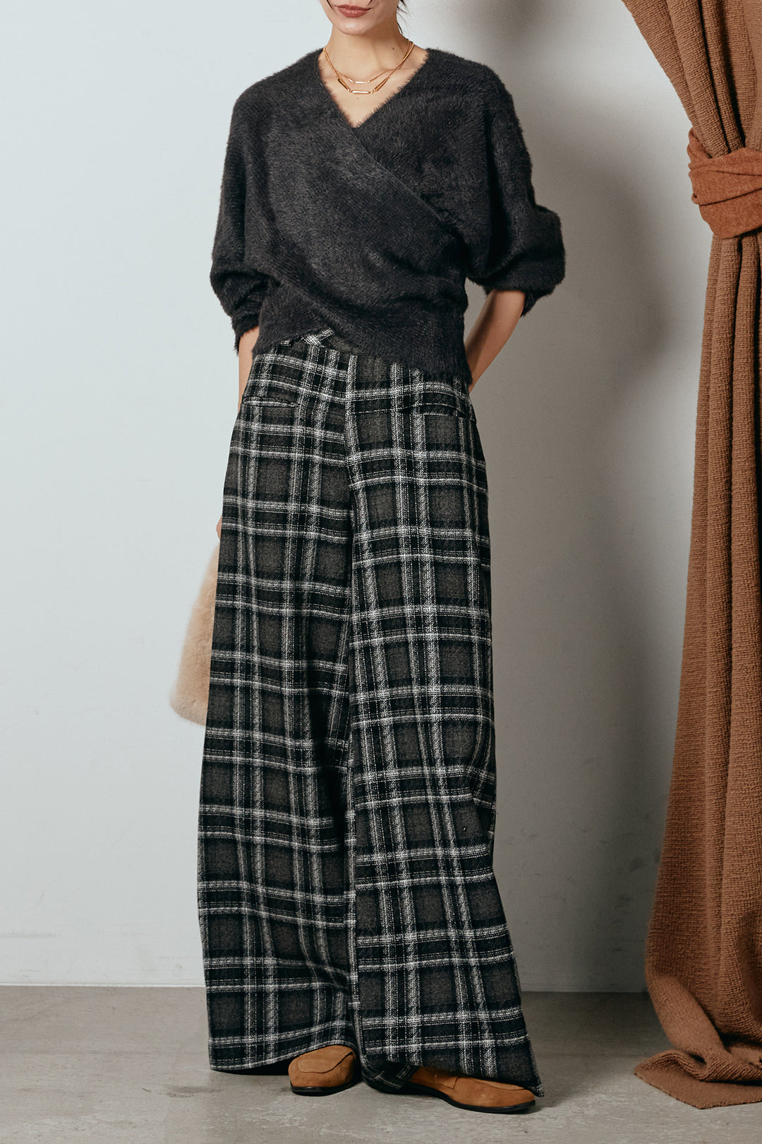 [SET]シャギーカシュクールニットトップス+ルーズタータンチェックワイドパンツ(2set)