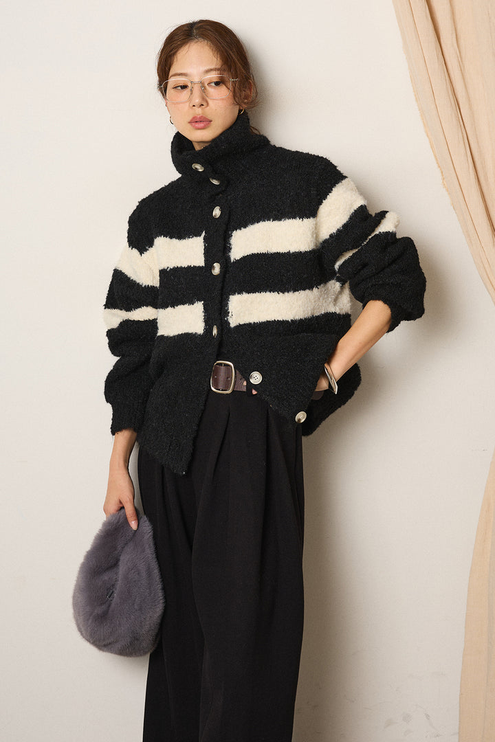 [SET]ハイネックボーダーニットカーディガン+フェイクレザー太ベルト付きタックワイドパンツ(2set)