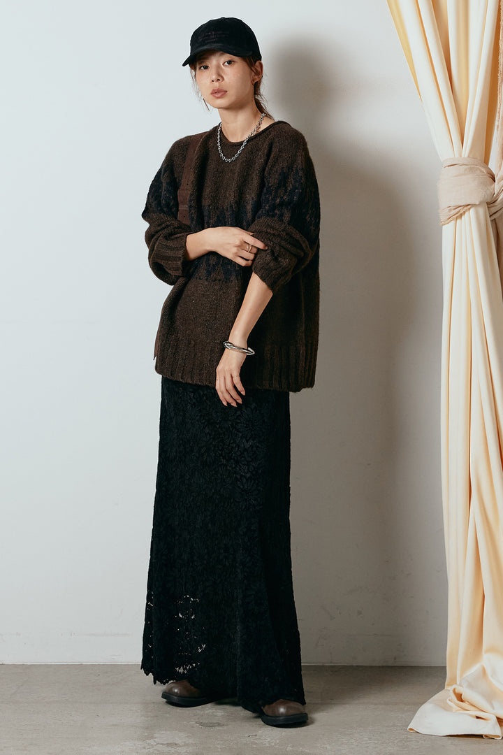 [SET]モノトーン柄ニットトップス+花柄刺繍ベロアフレアスカート(2set)