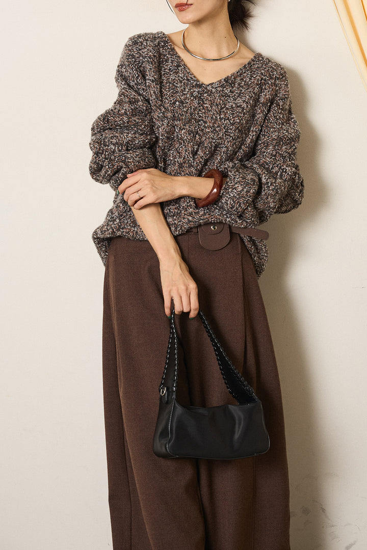 [SET]Vネックミックス編みニットトップス+ポーチベルト付きカーブパンツ(2set)