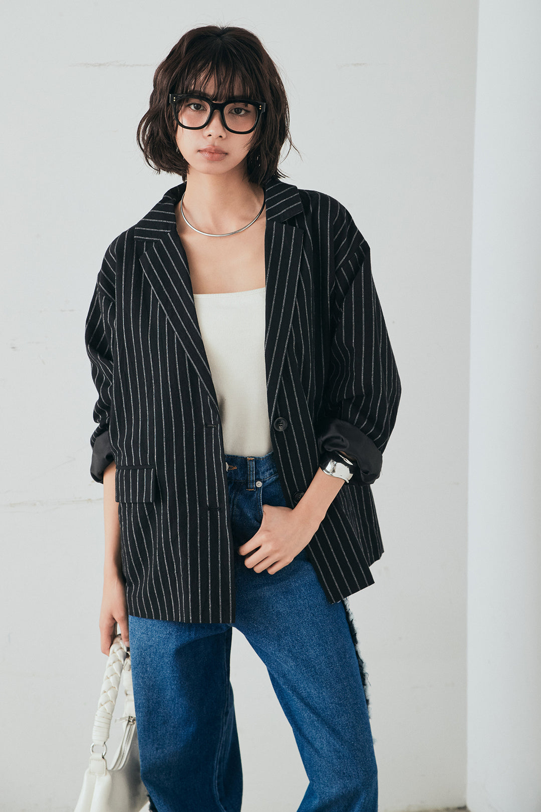 [SET]リネンライクストライプテーラードジャケット+デニムサイドフリルパンツ(2set)