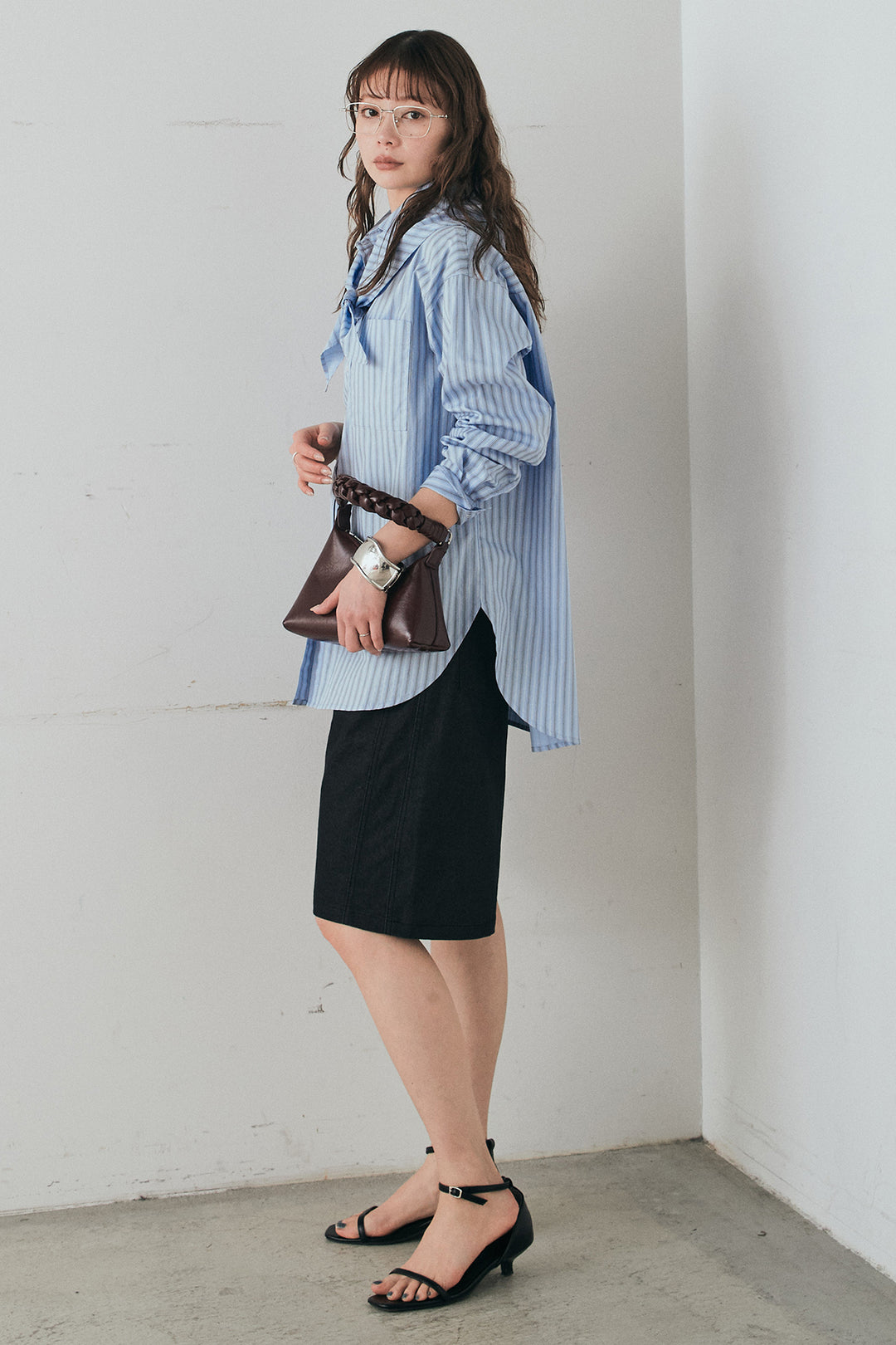 [SET]ランダムストライプスカーフ付きシャツ+デニムハーフパンツ(2set)