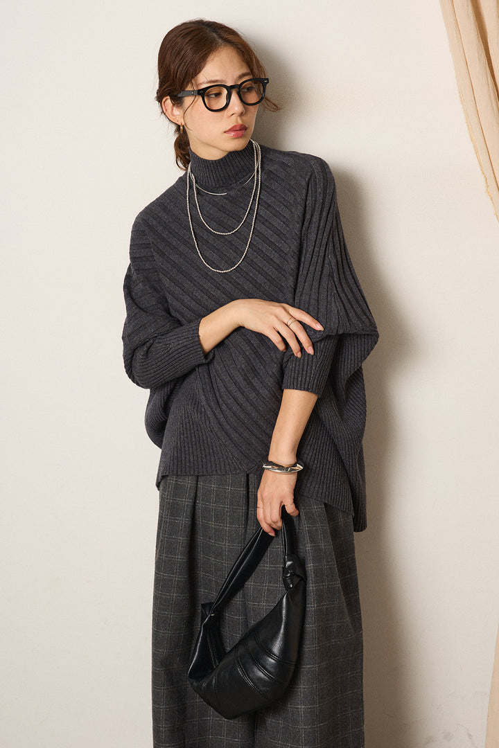 [SET]アシメデザインリブポンチョニットトップス+ウールライクチェックタックパンツ(2set)