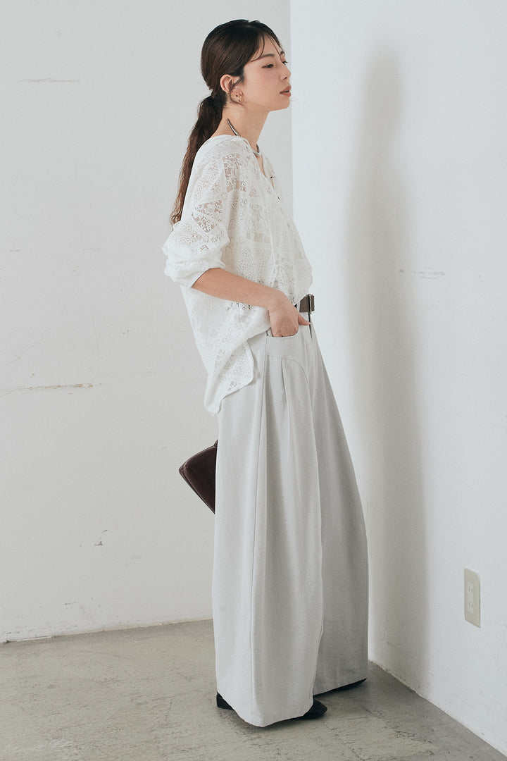 [SET]ブロックレースフード付きブラウス+ベルト付きサイドタックワイドパンツ(2set)