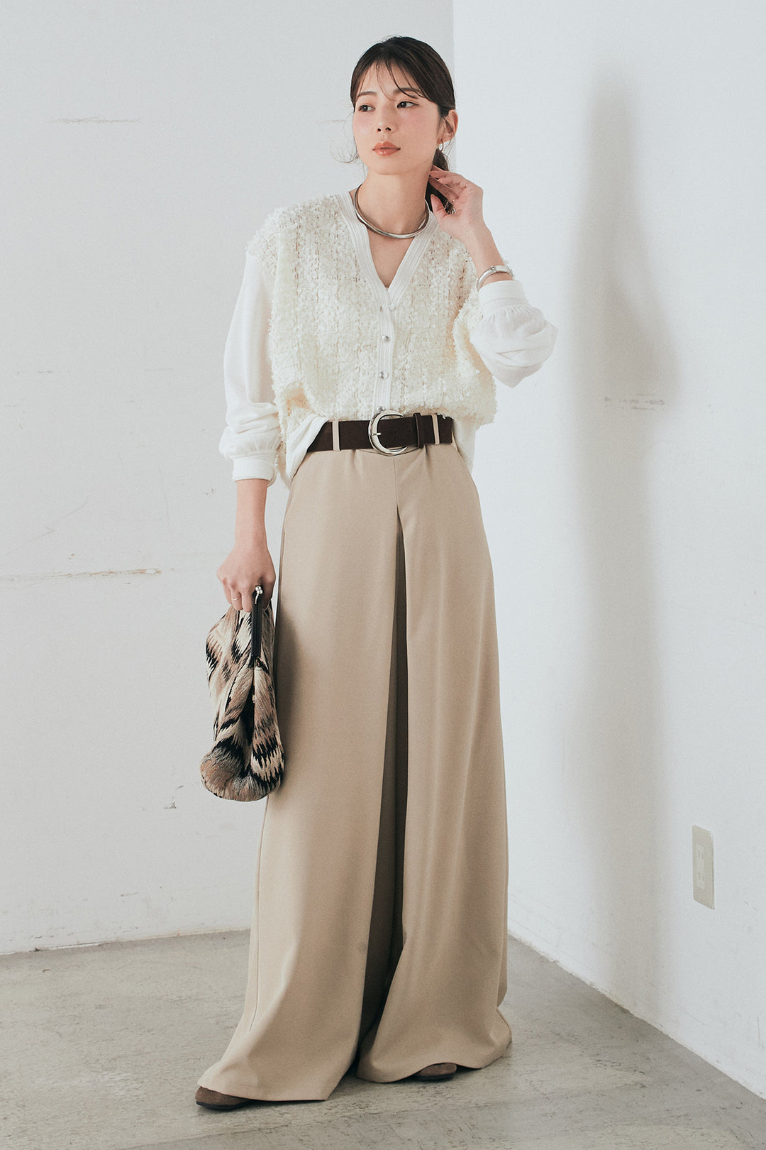 [SET]モコレースVネックカーディガン+太ベルト付きフロントタックパンツ(2set)