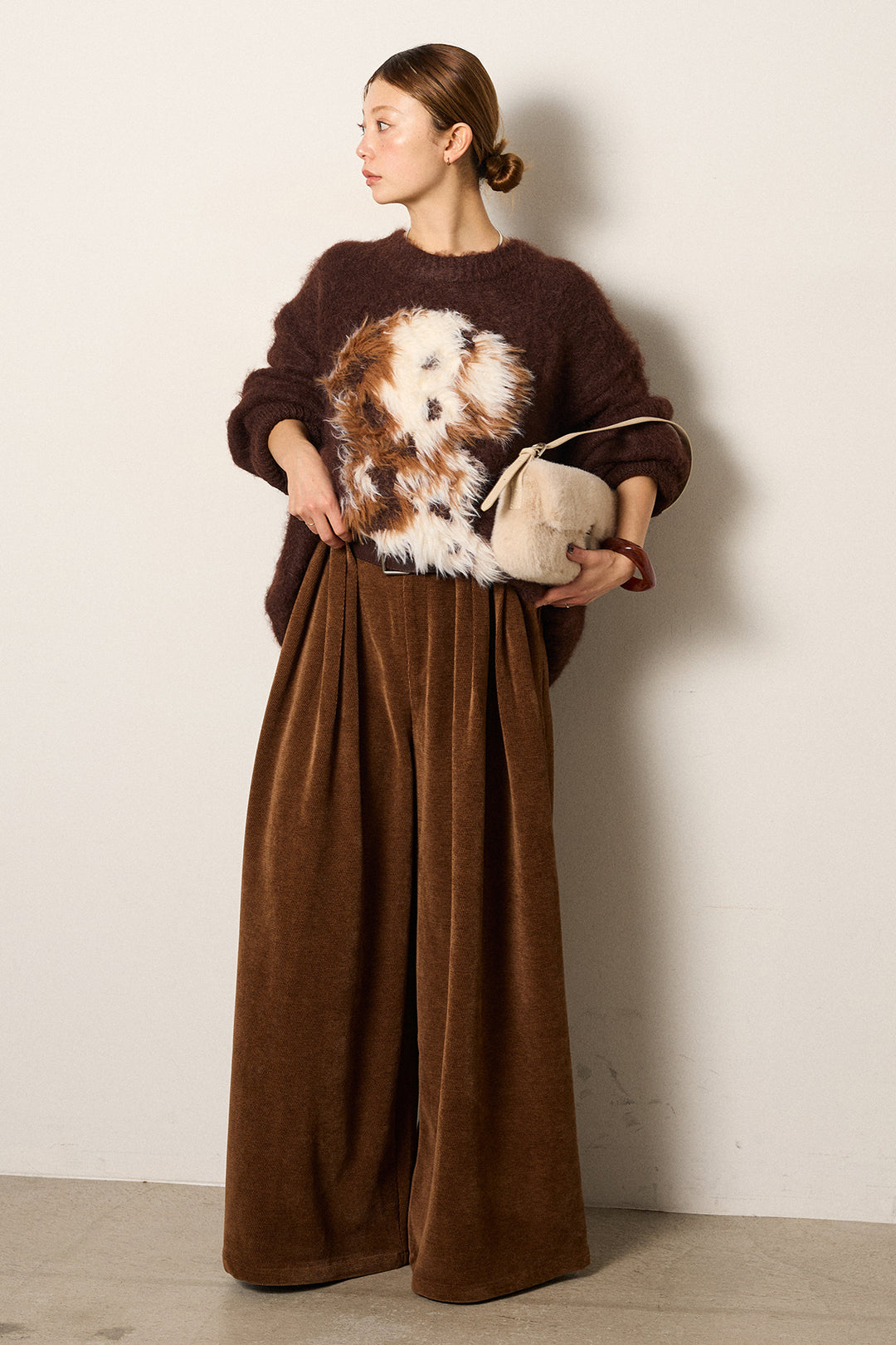 [SET]シャギーニュアンスアニマルニット+ベルトループコーデュロイワイドパンツ(2set)