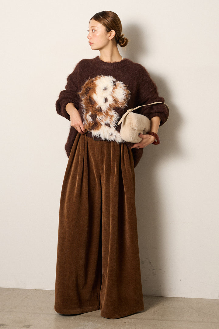 [SET]シャギーニュアンスアニマルニット+ベルトループコーデュロイワイドパンツ(2set)