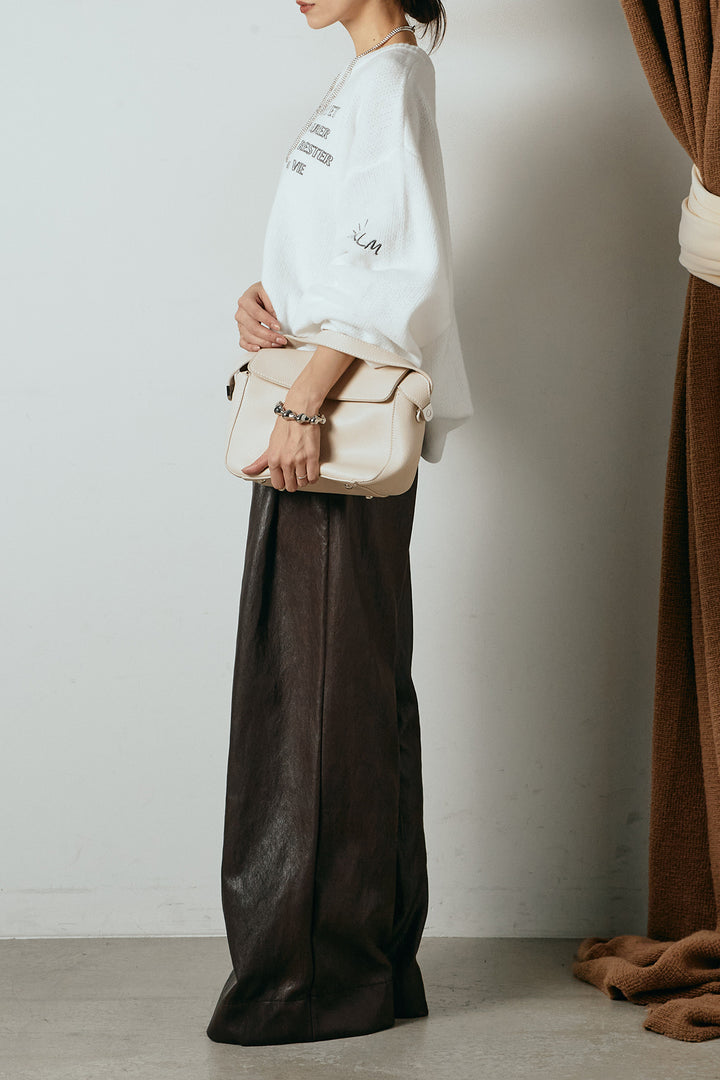 [SET]刺繍ロゴランダムデザインニットトップス+ベルト付きレザーライクタックパンツ(2set)