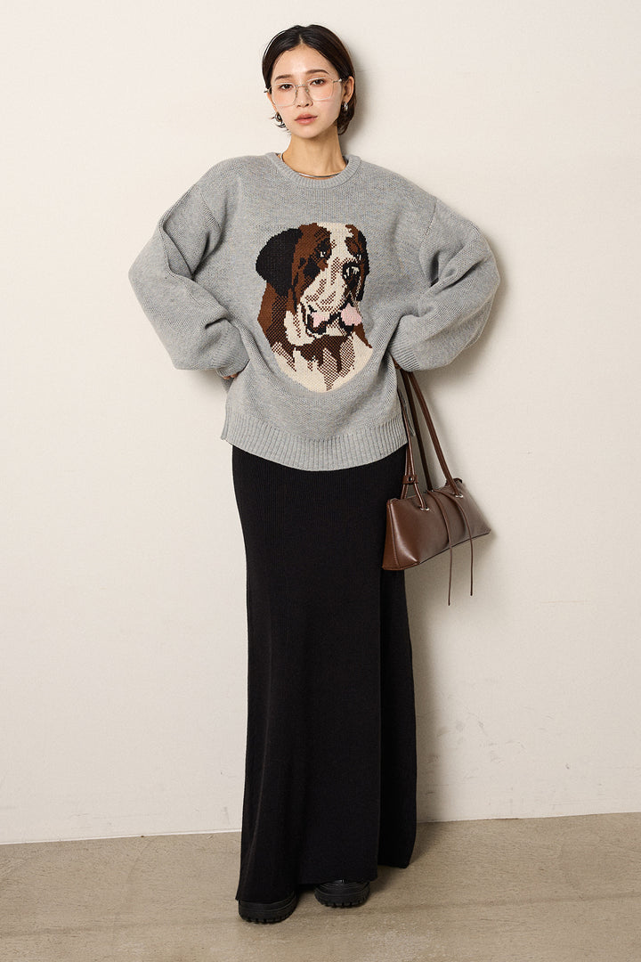 [SET]アニマルジャガード柄ニットトップス+リブナローニットスカート(2set)