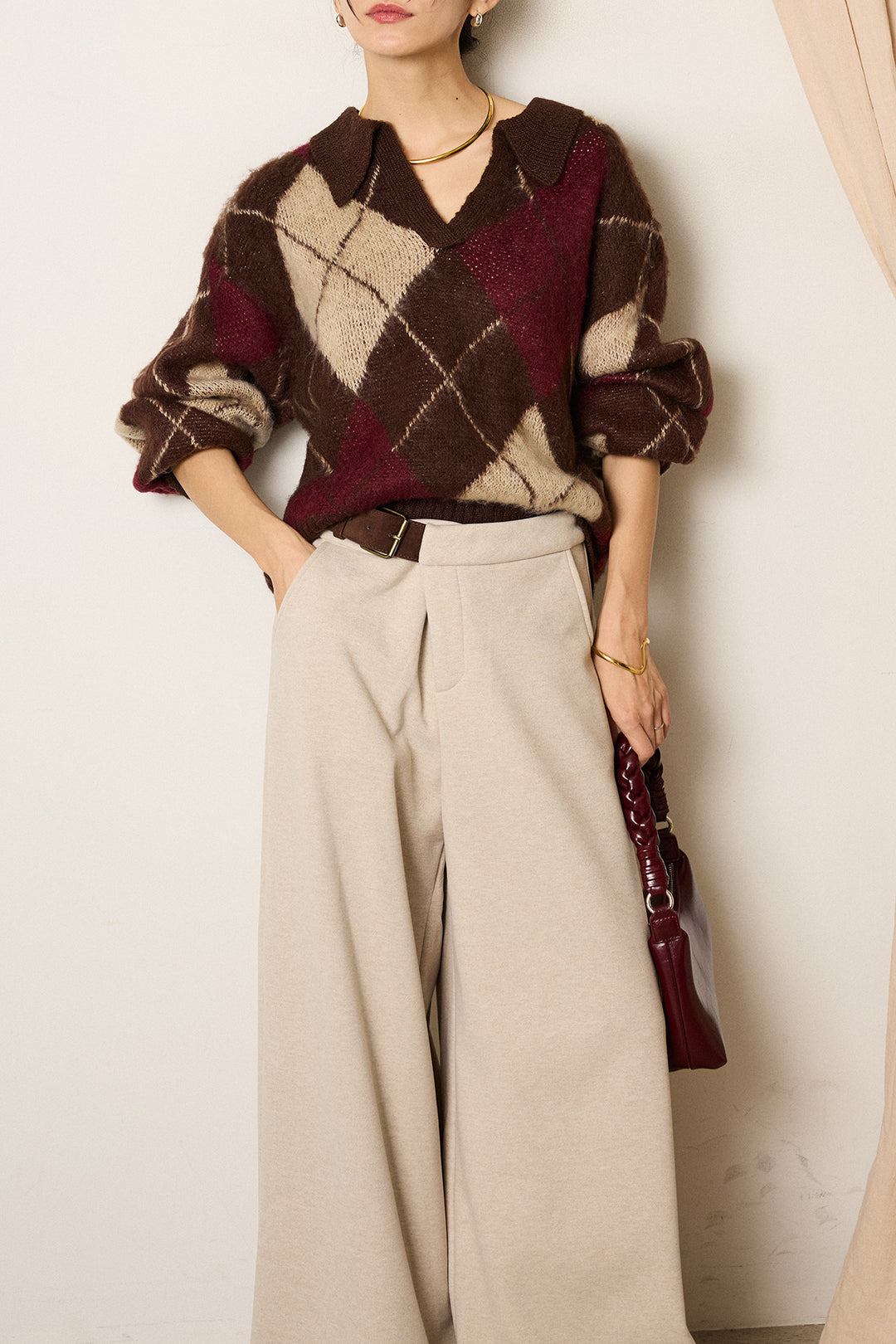 [SET]アクリルモヘアアーガイルキーネックプルオーバー+サイドベルトパンツ(2set)