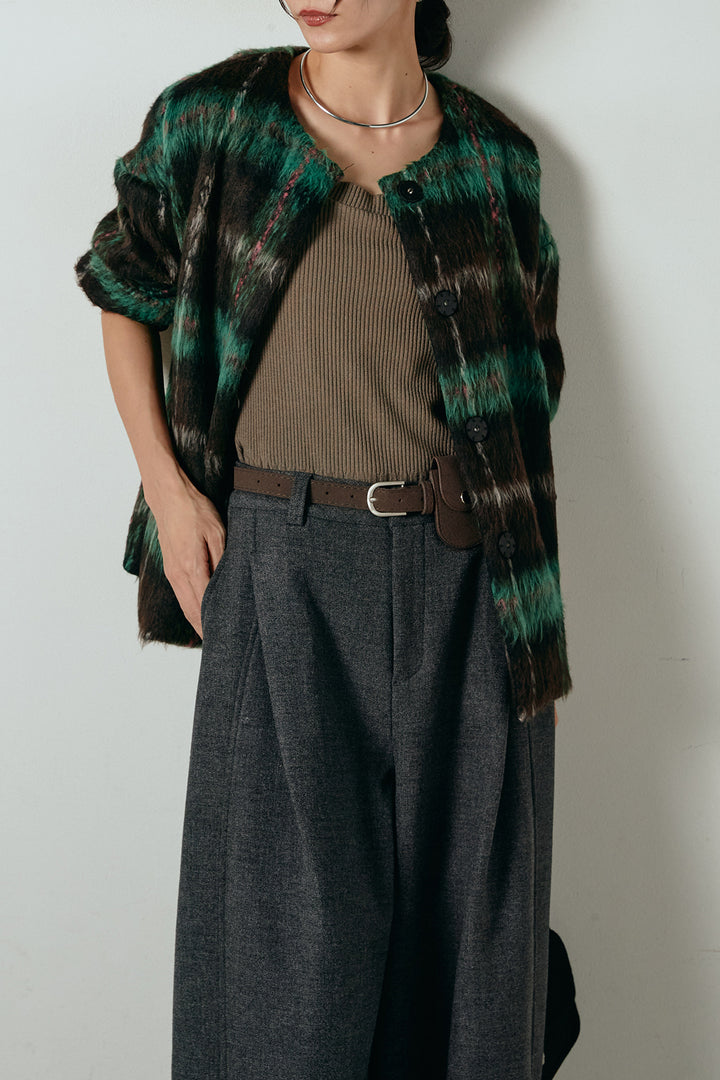 [SET]ノーカラーシャギーチェックアウター+ポーチベルト付きカーブパンツ(2set)