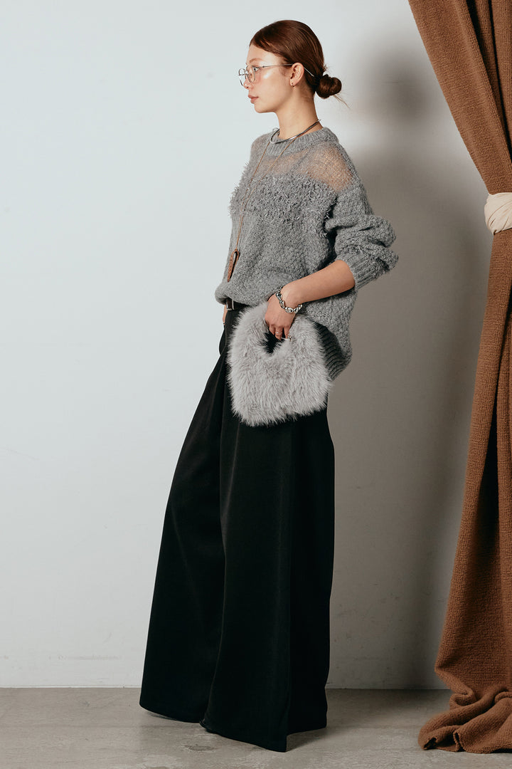 [SET]パターンランダム編みニットトップス+ベルト付きフロントタックデザインパンツ(2set)