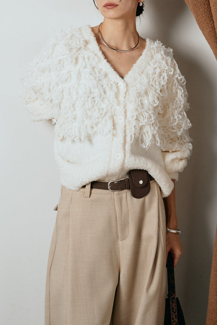 [SET]ループ編みVネックニットカーディガン+ポーチベルト付きカーブパンツ(2set)