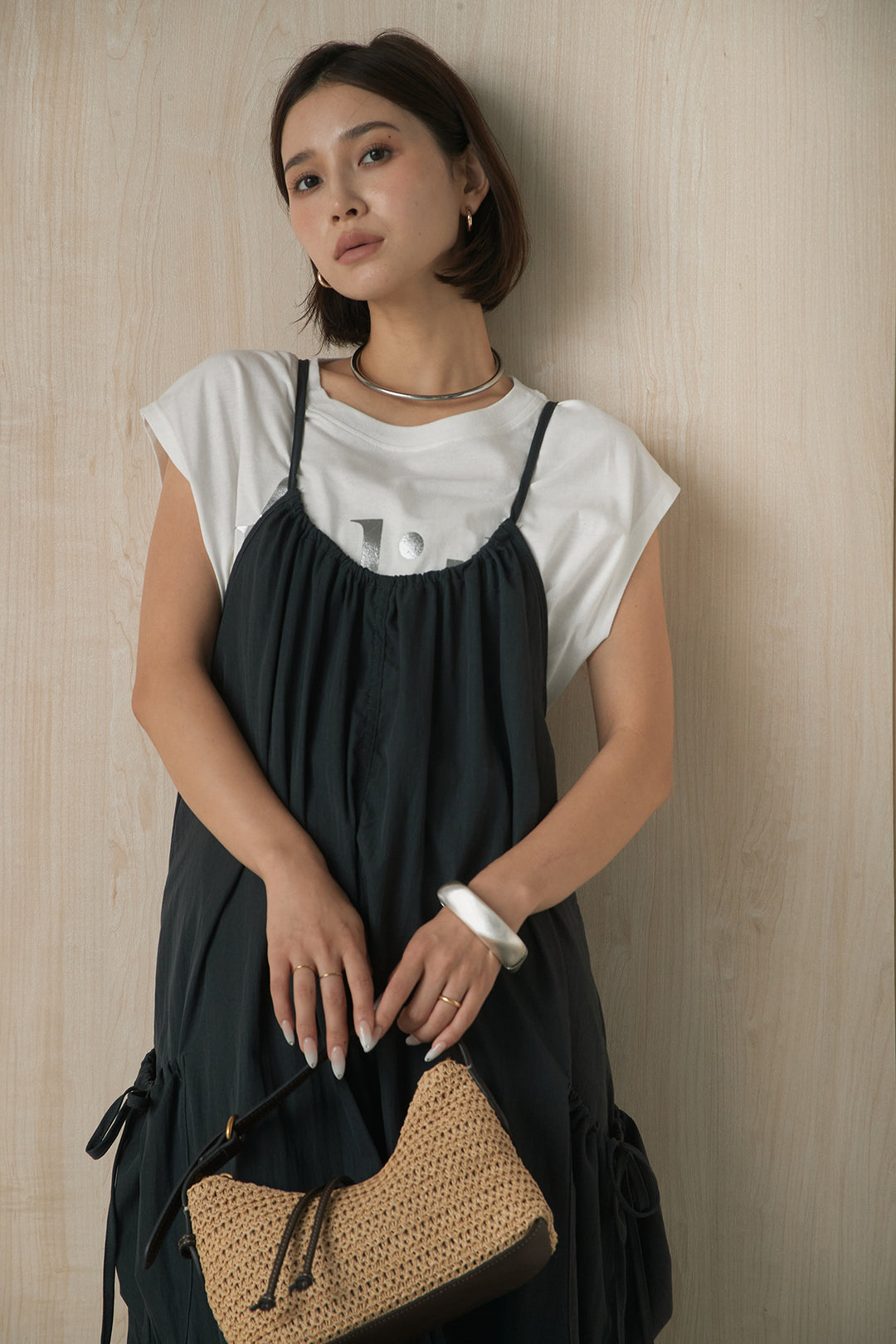 [SET]ビッグロゴプリントTシャツ+ポケット付きワッシャーキャミワンピ(2set)