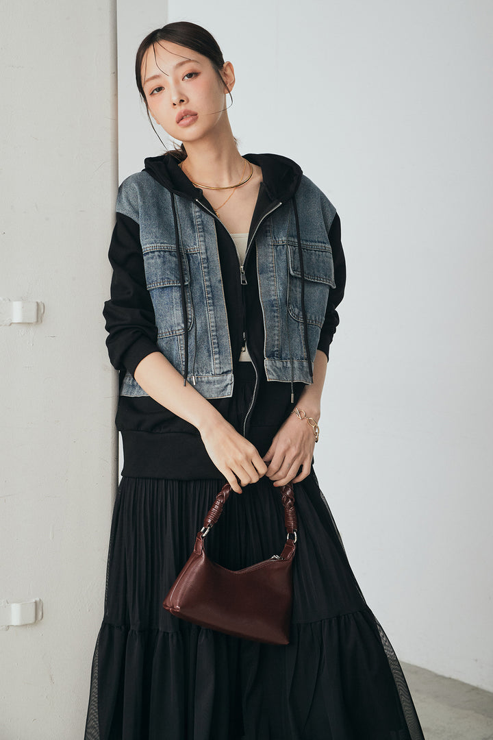 [SET]デニム切替ポンチダブルジップパーカー+ボリュームシルエットチュールスカート(2set)