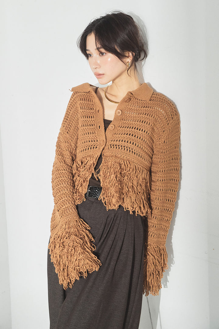 [SET]メッシュフリンジカーディガン+編みベルト付きウエストタックワイドパンツ(2set)