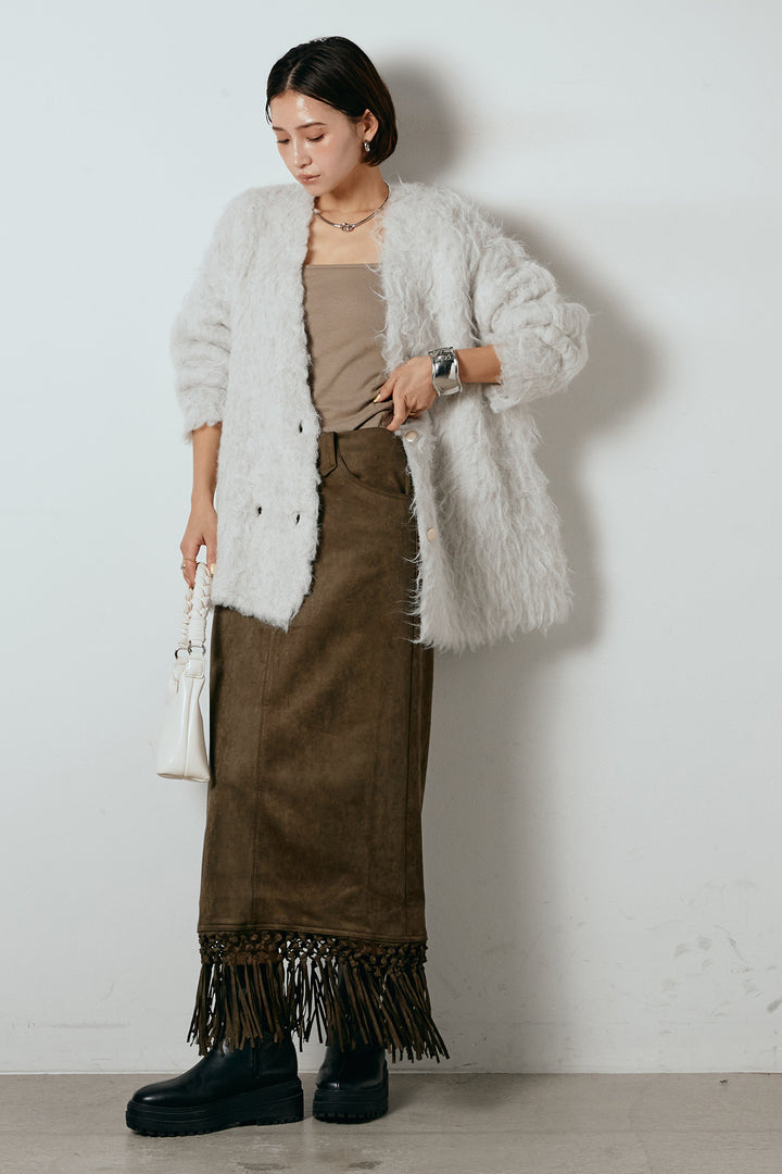 [SET]ウェーブシャギーニットジャケット+スウェードライク裾フリンジスカート(2set)