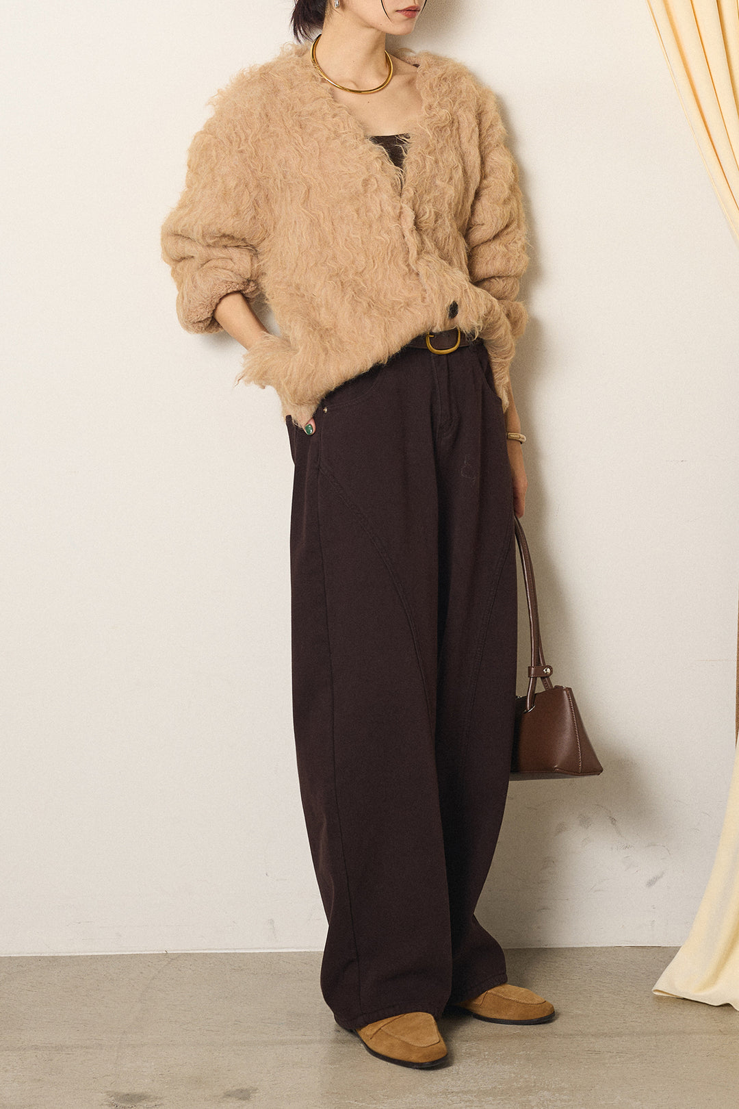 [SET]起毛シャギーニットカーディガン+ベルト付きカジュアルカーブワイドパンツ(2set)
