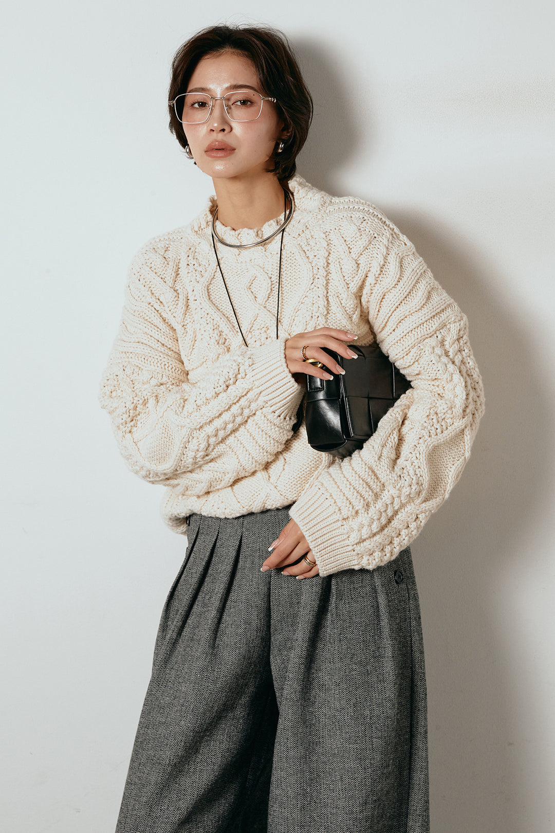 [SET]アラン柄ミックスケーブルニット+サイドボタンツイードタックパンツ(2set)