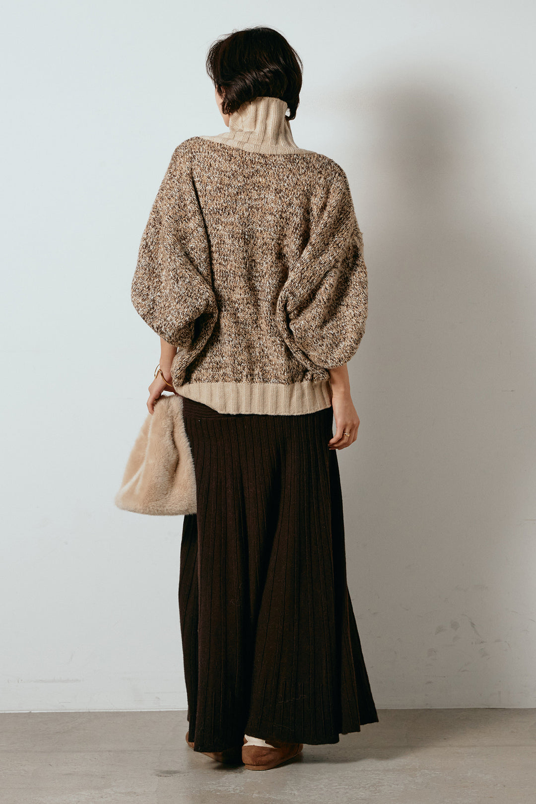 [SET]ハイネックミックスニットカーディガン+編み地切り替えフレアニットスカート(2set)