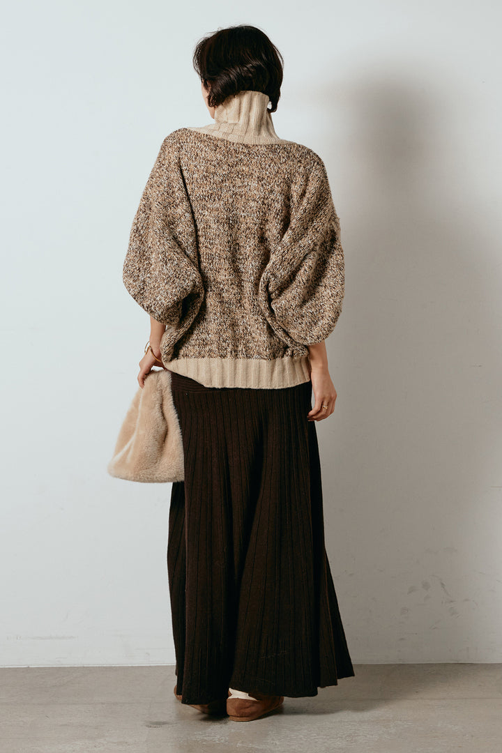 [SET]ハイネックミックスニットカーディガン+編み地切り替えフレアニットスカート(2set)