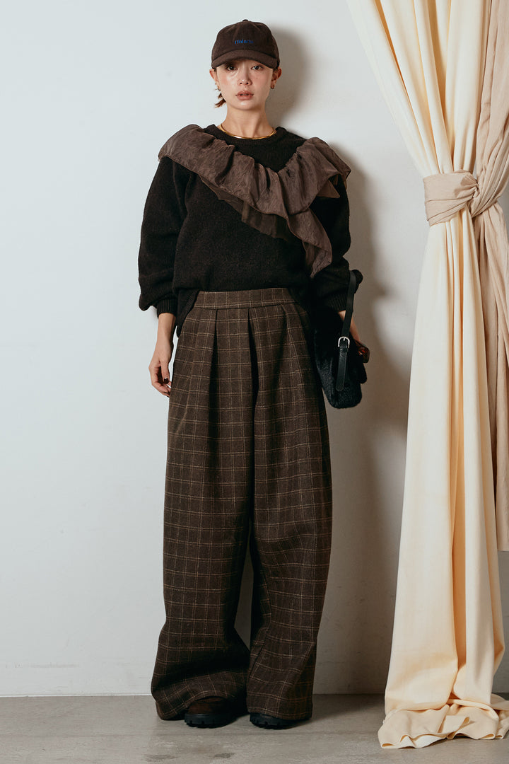 [SET]アシンメトリーフリルニットトップス+ウールライクチェックタックパンツ(2set)