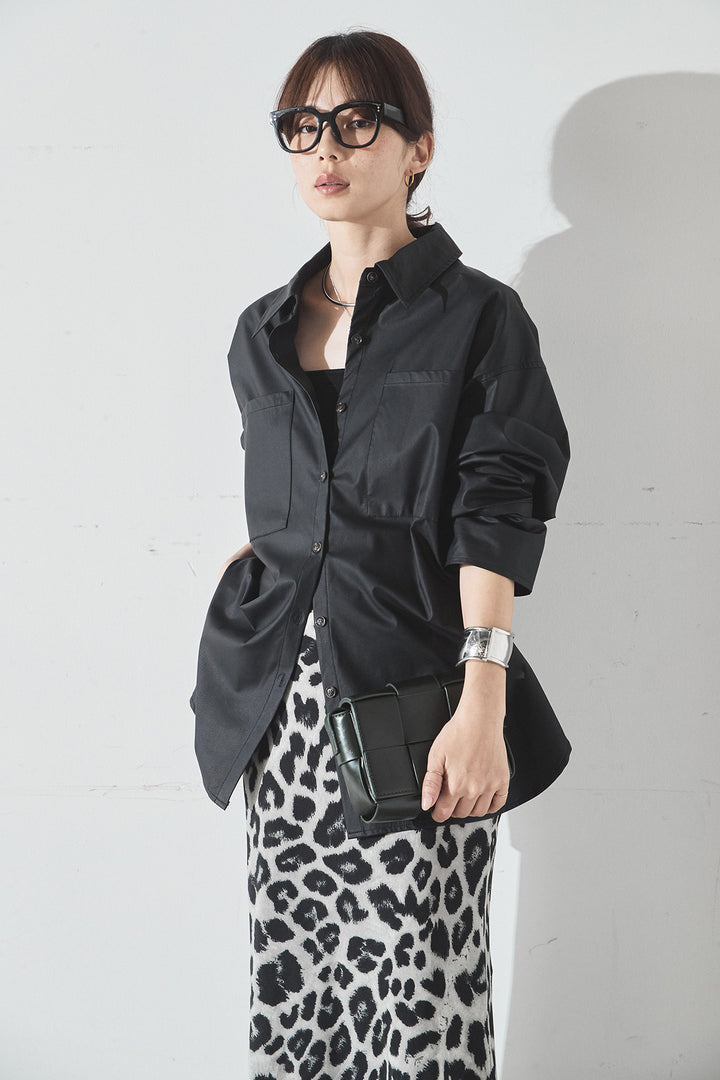 [SET]ウォッシャブルエコレザービックカフスシャツ+レオパードサテンナロースカート(2set)