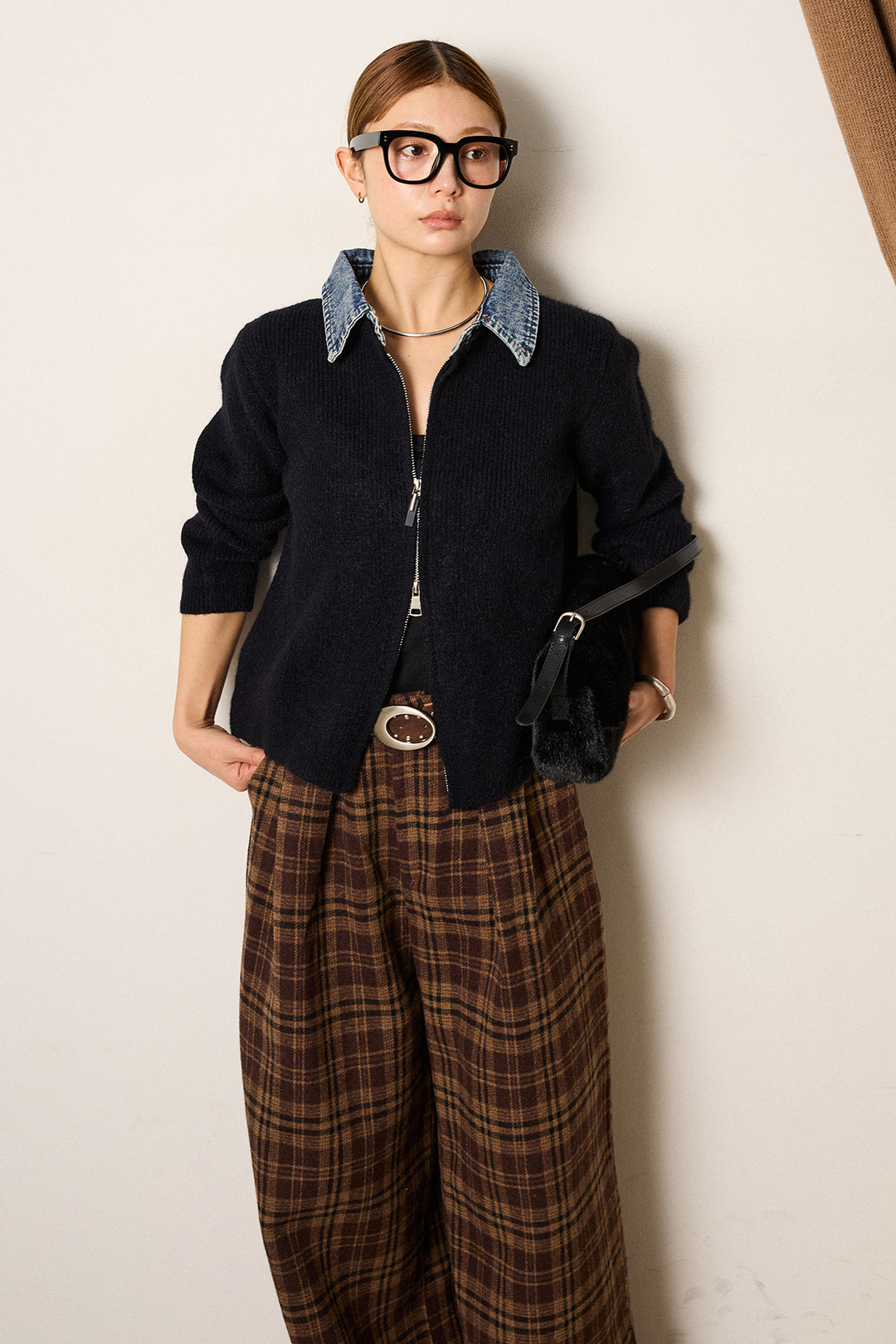 [SET]デニム襟ダブルジップニットトップス+スタッズデザインベルトタータンチェックパンツ(2set)