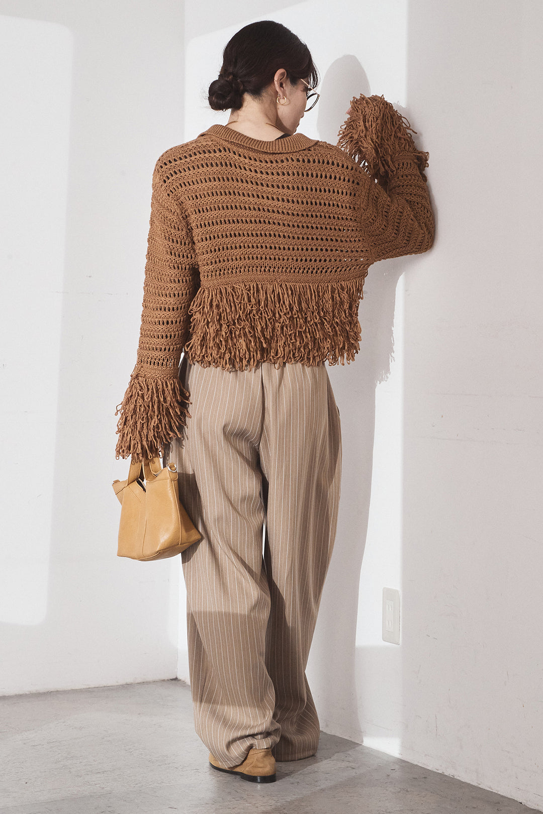 [SET]メッシュフリンジカーディガン+ヘリンボーンストライプツータックパンツ(2set)