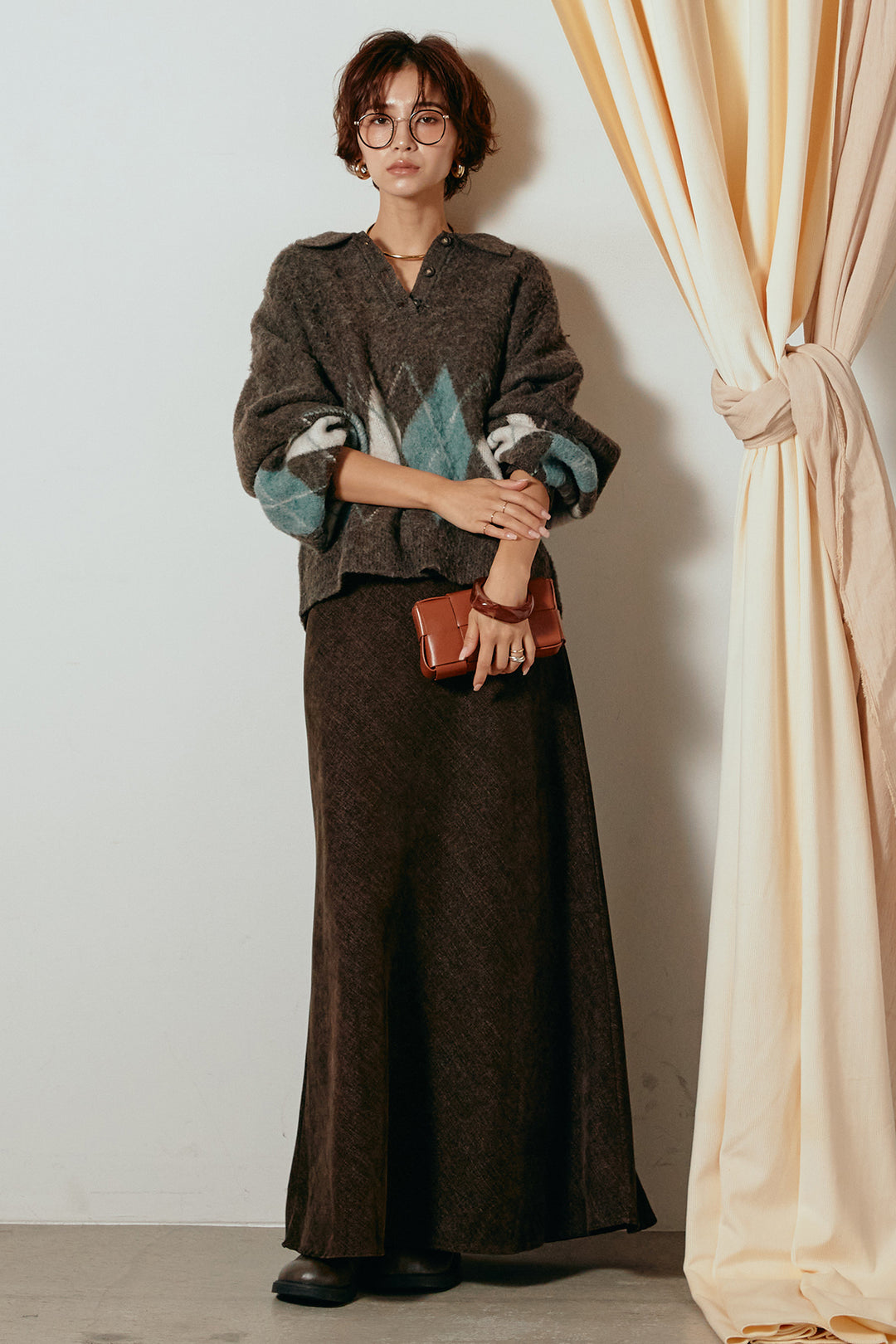 [SET]アーガイル柄ポロニットトップス+スウェードライクロングスカート(2set)