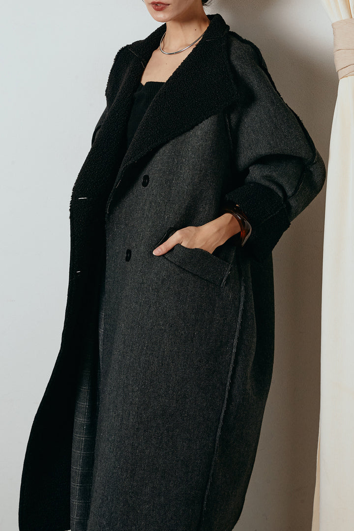 [SET]裏地ボアハイネックロングアウター+ウールライクチェックタックパンツ(2set)