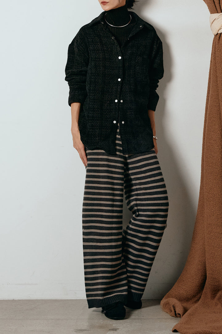 [SET]ルーズクラッシュツイルシャツ+ボーダーリラックスニットパンツ(2set)