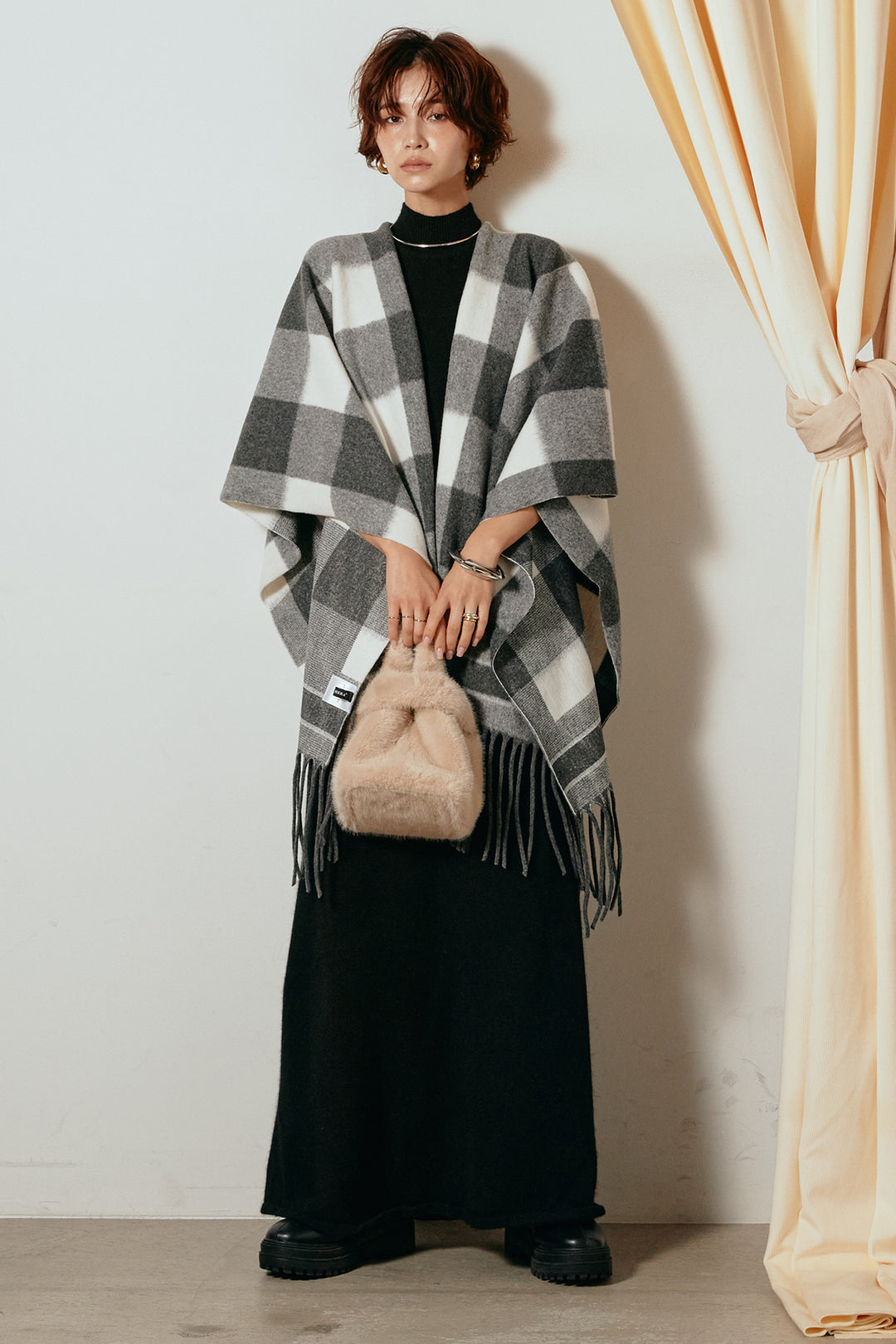 [SET]裾フリンジ柄ポンチョアウター+ノースリーブニットロングワンピース(2set)