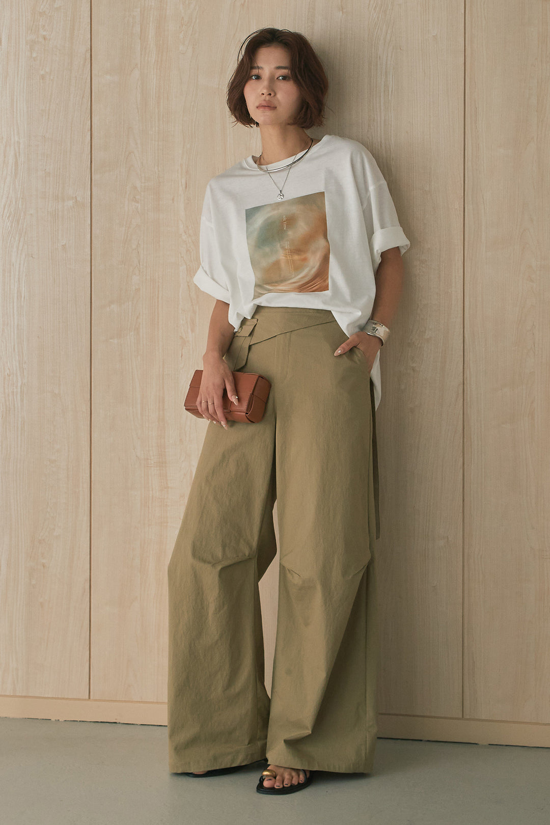 [SET]MarbleプリントTシャツ+ポケットベルト付きニーサイドタックパンツ(2set)