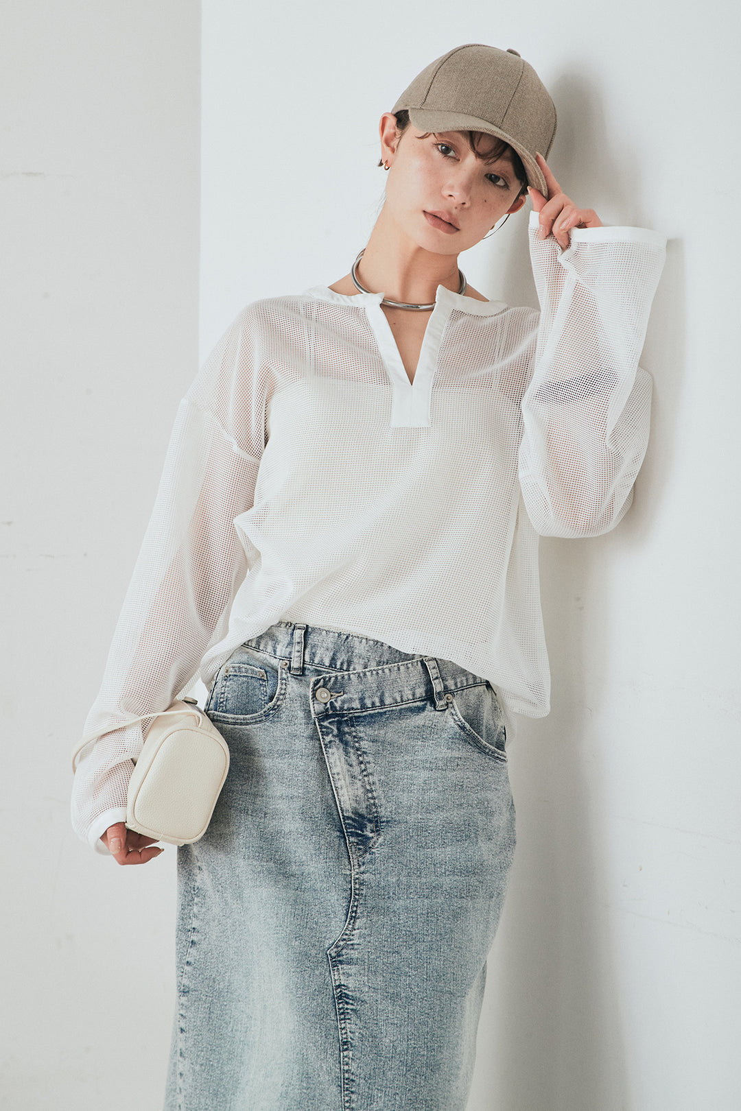 [SET]メッシュカットソースキッパープルオーバー+ウエストクロスデニムタイトスカート(2set)