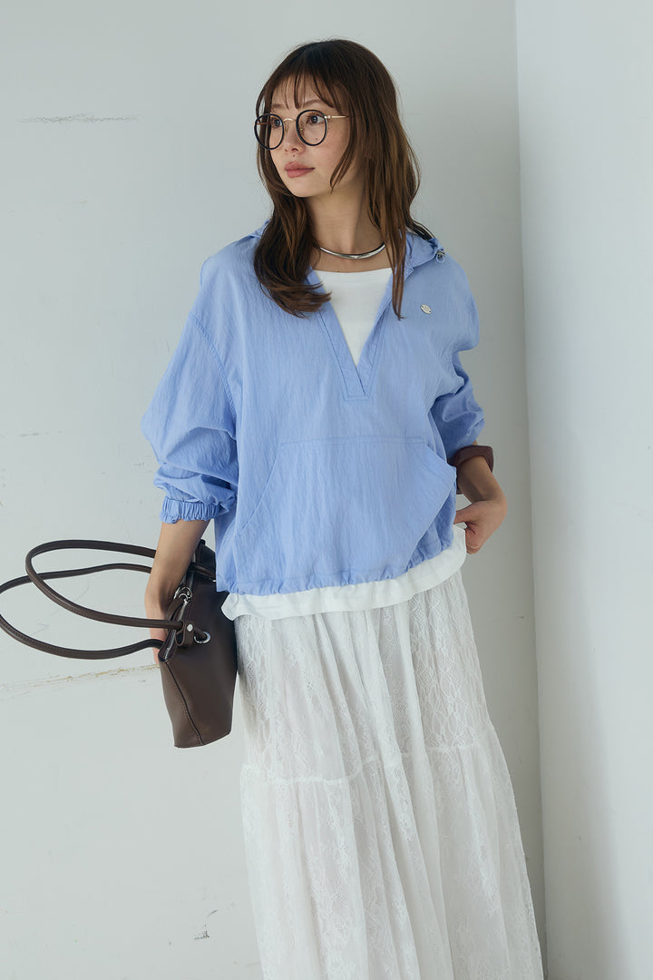 [SET]レイヤードデザインフーディートップス+ひげレース切替ロング丈スカート(2set)